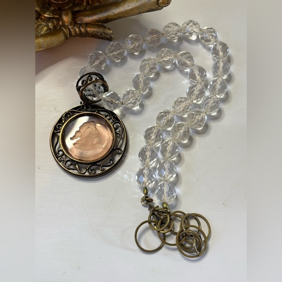 Pink Intagilo Glass Cameo Pendant with Artisan Glass Crystal Beaded Necklace - Picture 5 of 10